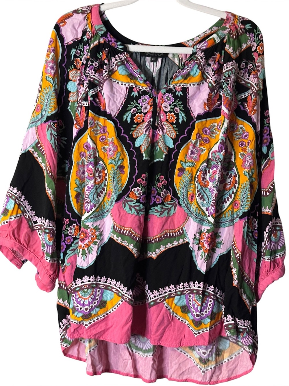 Rachel Zoe Pink and Black Floral/Paisley Medallion Peasant Blouse, 2X